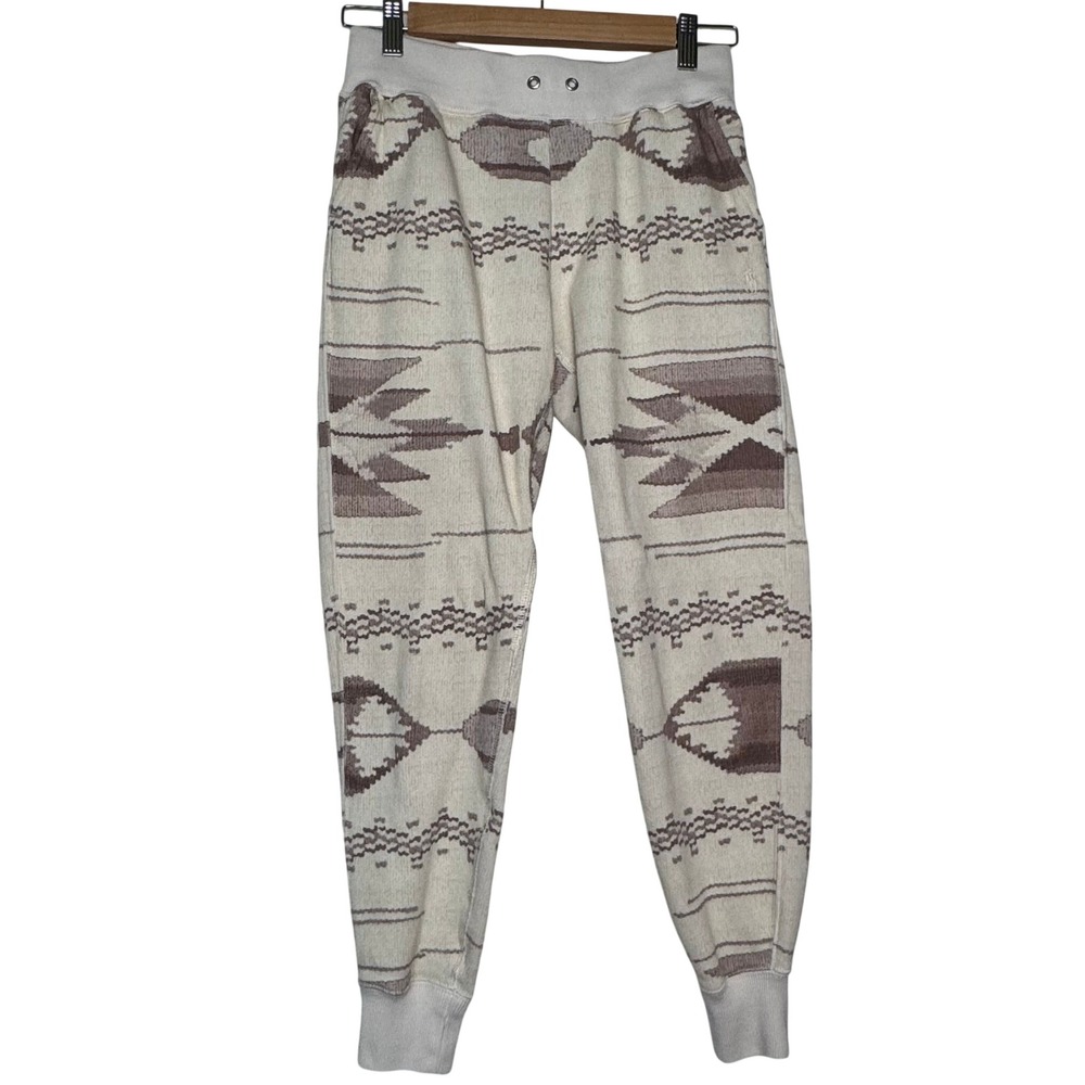 Polo Ralph Lauren Women XS Aztec Southwestern Fleece Joggers Cream Brown Tapered